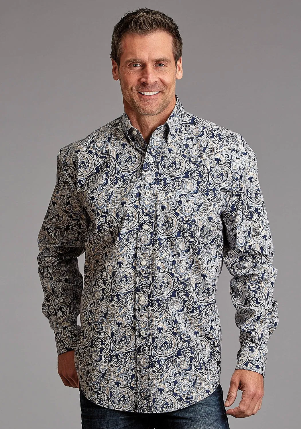 Stetson Mens Greenspring Paisley Blue 100% Cotton L/S Shirt