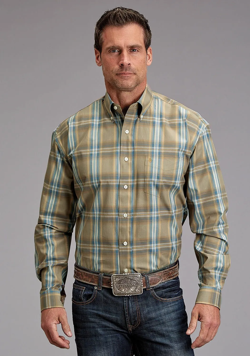 Stetson Mens Sand Ridge Plaid Brown 100% Cotton L/S Shirt