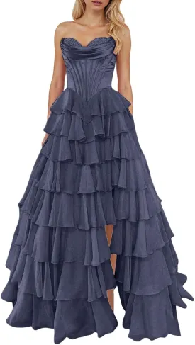 Strapless Corset Prom Dresses for Women Tiered Ruffle A Line Swing Long Dress Chiffon Slit Formal Evening Party Gown