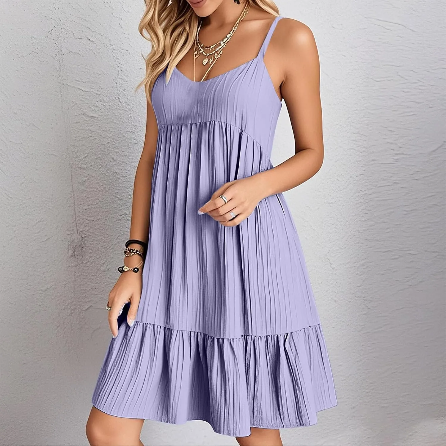 Sun Dresses for Women 2025 Vacation Summer Casual V Neck Spaghetti Strap Slip Dress Pleated Pajamas Mini Dress