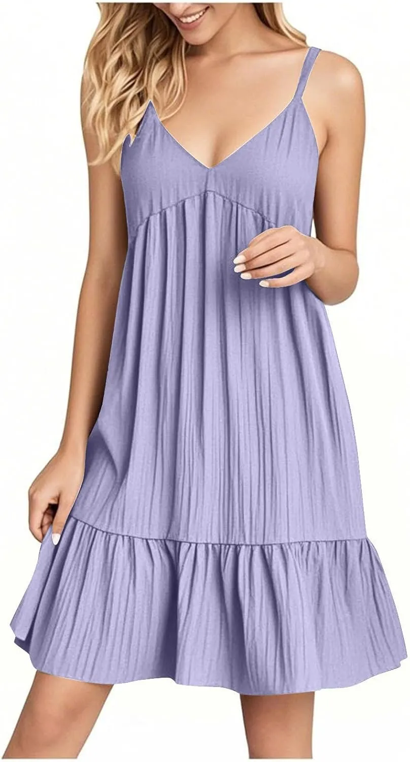 Sun Dresses for Women 2025 Vacation Summer Casual V Neck Spaghetti Strap Slip Dress Pleated Pajamas Mini Dress