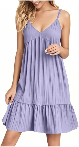 Sun Dresses for Women 2025 Vacation Summer Casual V Neck Spaghetti Strap Slip Dress Pleated Pajamas Mini Dress