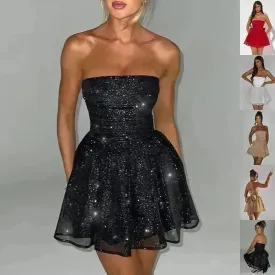 Tube Top Lace Dress With Back Bow-knot Summer Fashion Temperament Mesh Stitching Off-neck Short Mini Skater Dress
