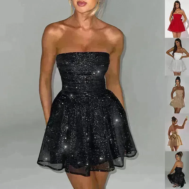 Tube Top Lace Dress With Back Bow-knot Summer Fashion Temperament Mesh Stitching Off-neck Short Mini Skater Dress