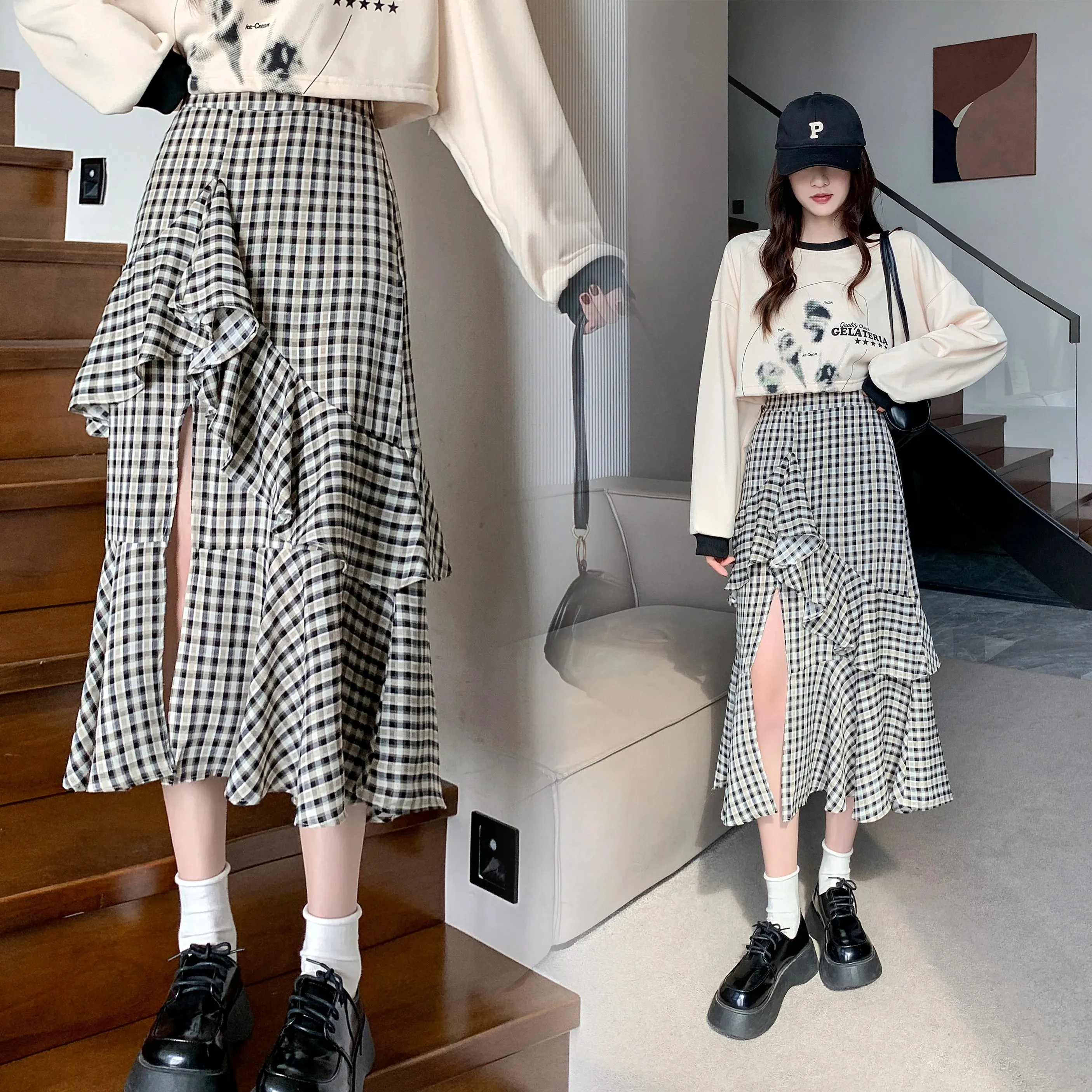 Vevesc Women's Plaid A-line Skirt Vintage Y2k 90s Aesthetic Asymmetrical Skirt Harajuku Korean Elegant Skirts 2000s Clothes 2024 Summer