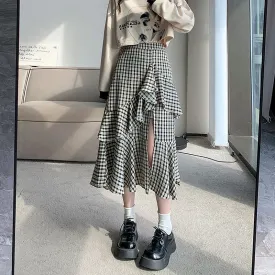 Vevesc Women's Plaid A-line Skirt Vintage Y2k 90s Aesthetic Asymmetrical Skirt Harajuku Korean Elegant Skirts 2000s Clothes 2024 Summer