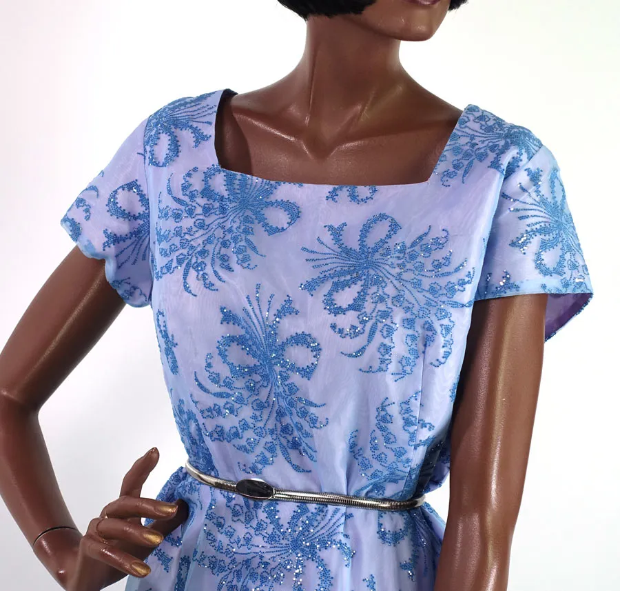 Vintage 50s 60s Blue Prom Dress XL Flocked Organza Girly Full Skirt Dance Party VFG