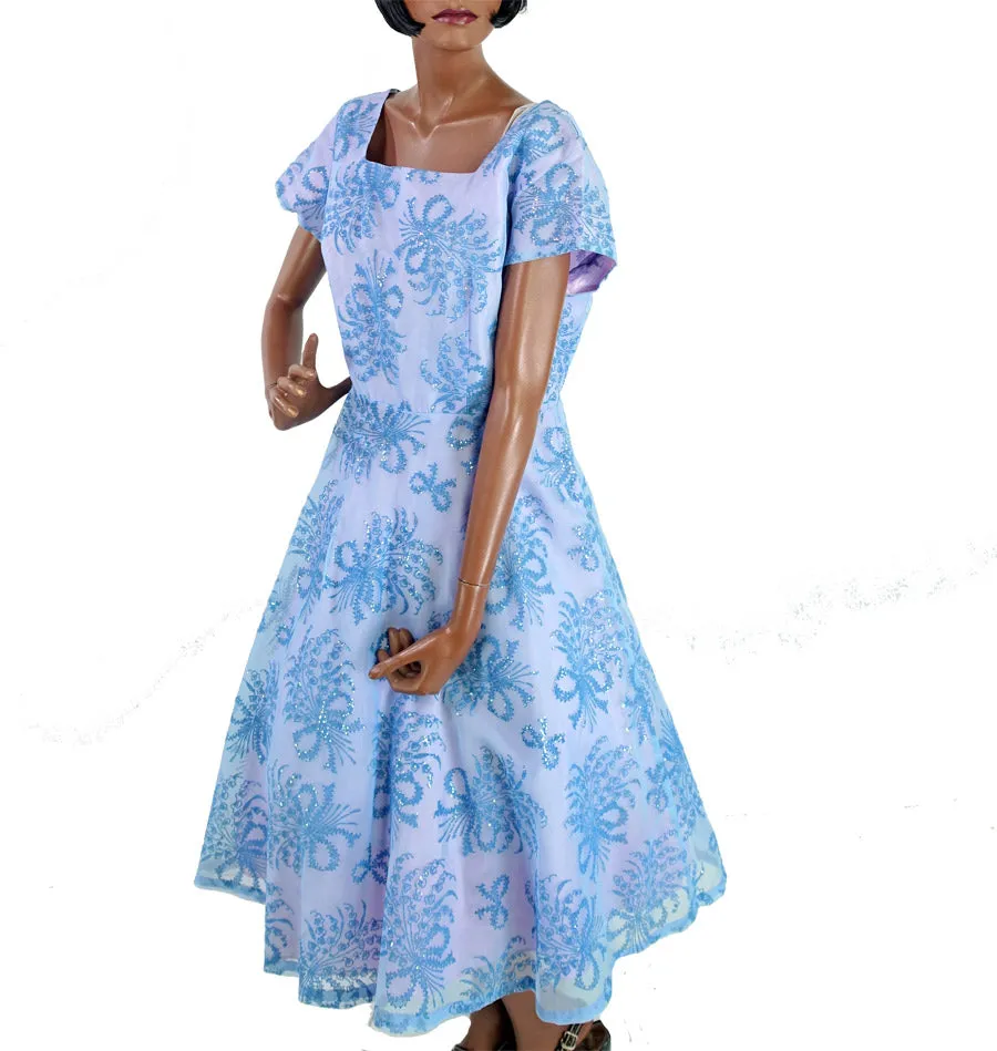 Vintage 50s 60s Blue Prom Dress XL Flocked Organza Girly Full Skirt Dance Party VFG