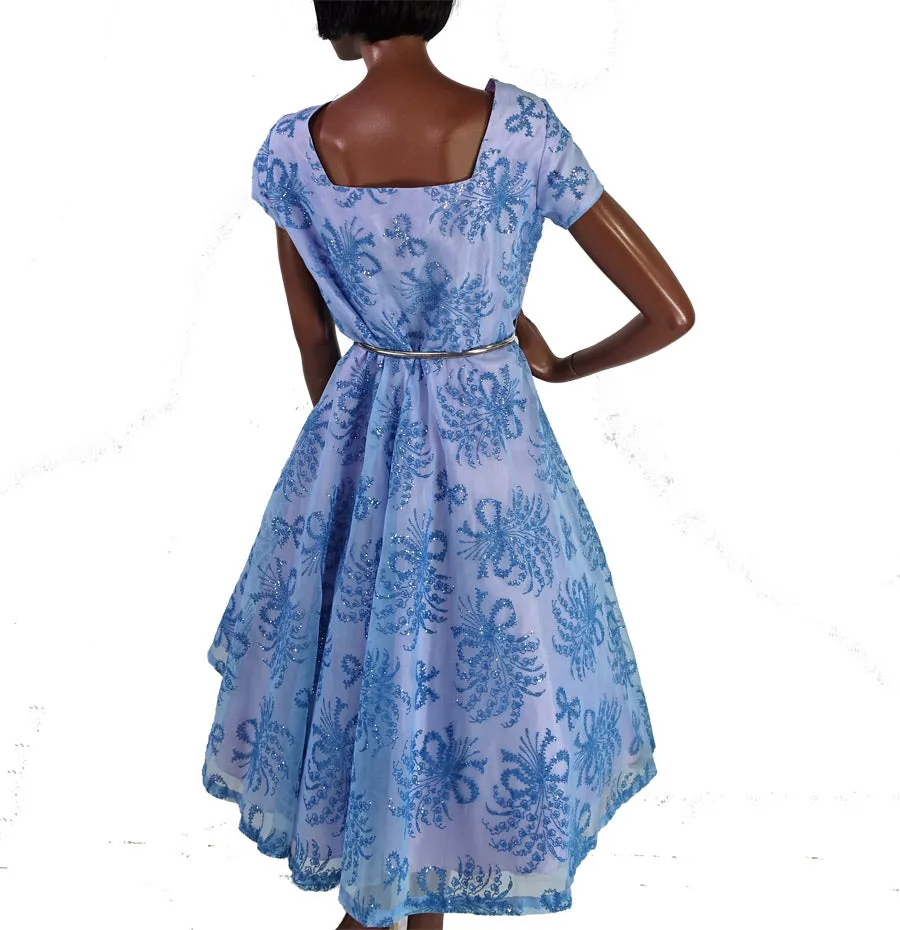 Vintage 50s 60s Blue Prom Dress XL Flocked Organza Girly Full Skirt Dance Party VFG