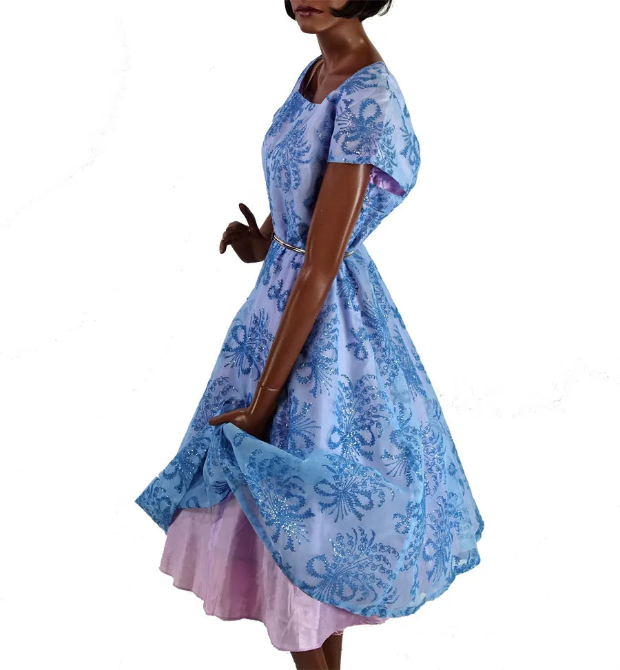 Vintage 50s 60s Blue Prom Dress XL Flocked Organza Girly Full Skirt Dance Party VFG