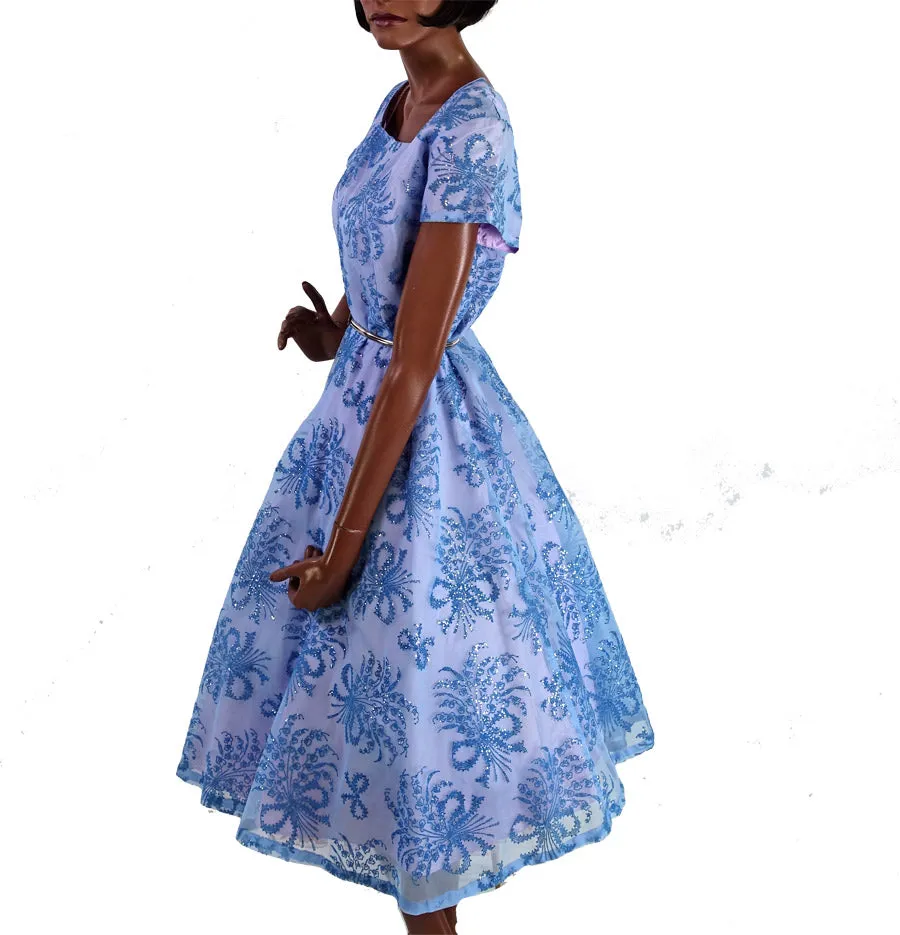 Vintage 50s 60s Blue Prom Dress XL Flocked Organza Girly Full Skirt Dance Party VFG
