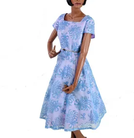 Vintage 50s 60s Blue Prom Dress XL Flocked Organza Girly Full Skirt Dance Party VFG