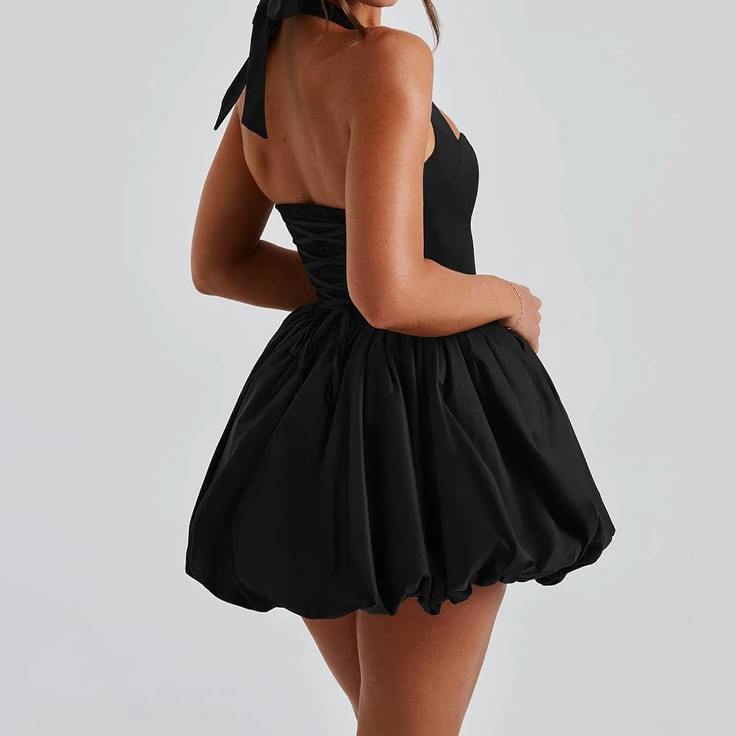 Women Bubble Mini Dress Cute Tie up Backless Sleeveless Party Short Graduation Dress Summer Dress