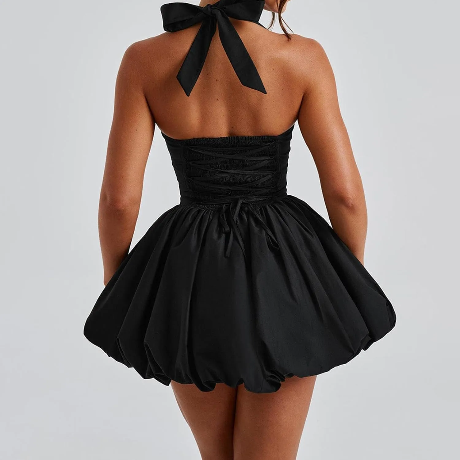 Women Bubble Mini Dress Cute Tie up Backless Sleeveless Party Short Graduation Dress Summer Dress
