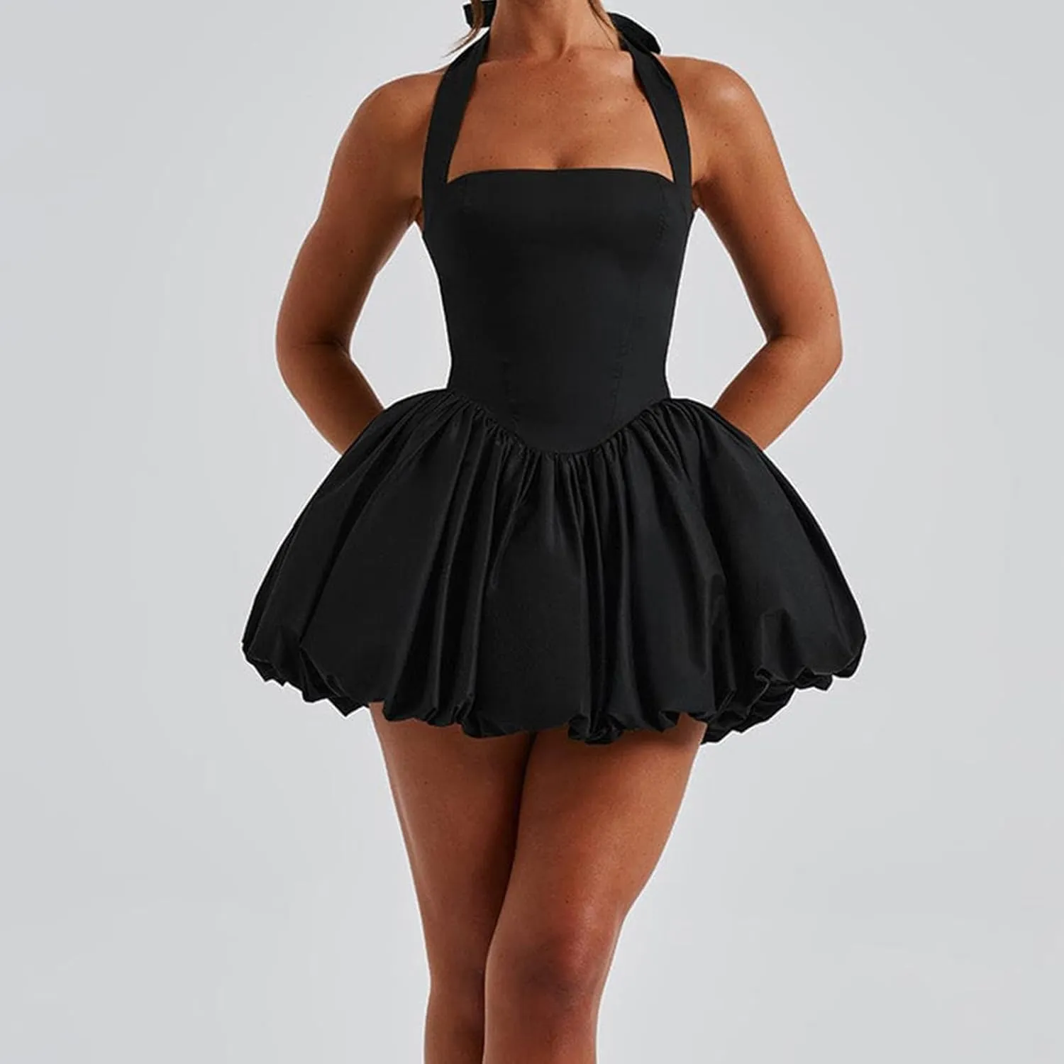 Women Bubble Mini Dress Cute Tie up Backless Sleeveless Party Short Graduation Dress Summer Dress