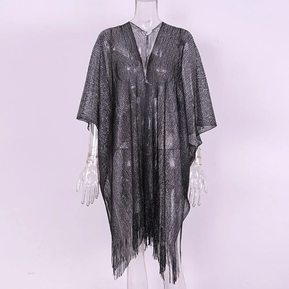 Women Fringe Tassel Mesh Sheer Shiny Summer Beach Cover Ups Kimono Loose Cardigan Capes Tops Swimsuit Coverups