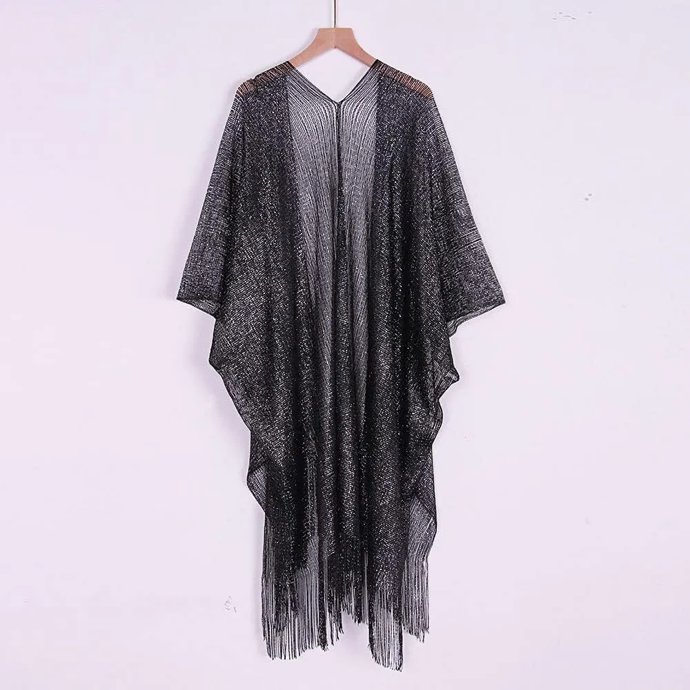 Women Fringe Tassel Mesh Sheer Shiny Summer Beach Cover Ups Kimono Loose Cardigan Capes Tops Swimsuit Coverups