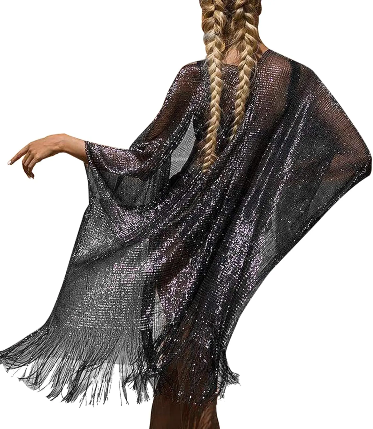 Women Fringe Tassel Mesh Sheer Shiny Summer Beach Cover Ups Kimono Loose Cardigan Capes Tops Swimsuit Coverups
