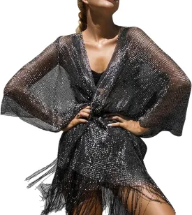 Women Fringe Tassel Mesh Sheer Shiny Summer Beach Cover Ups Kimono Loose Cardigan Capes Tops Swimsuit Coverups