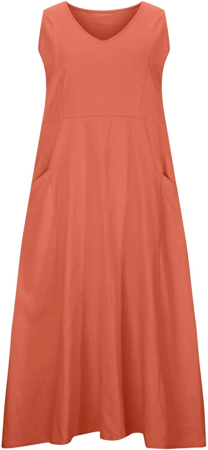 Women Linen Sundress 2025 Summer Maxi Dress with Pockets Sleeveless V Neck Sundresses Loose Lounge Dress Cruisewear