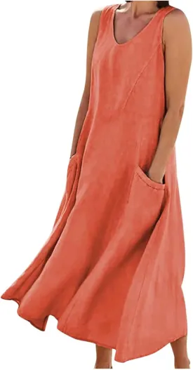 Women Linen Sundress 2025 Summer Maxi Dress with Pockets Sleeveless V Neck Sundresses Loose Lounge Dress Cruisewear