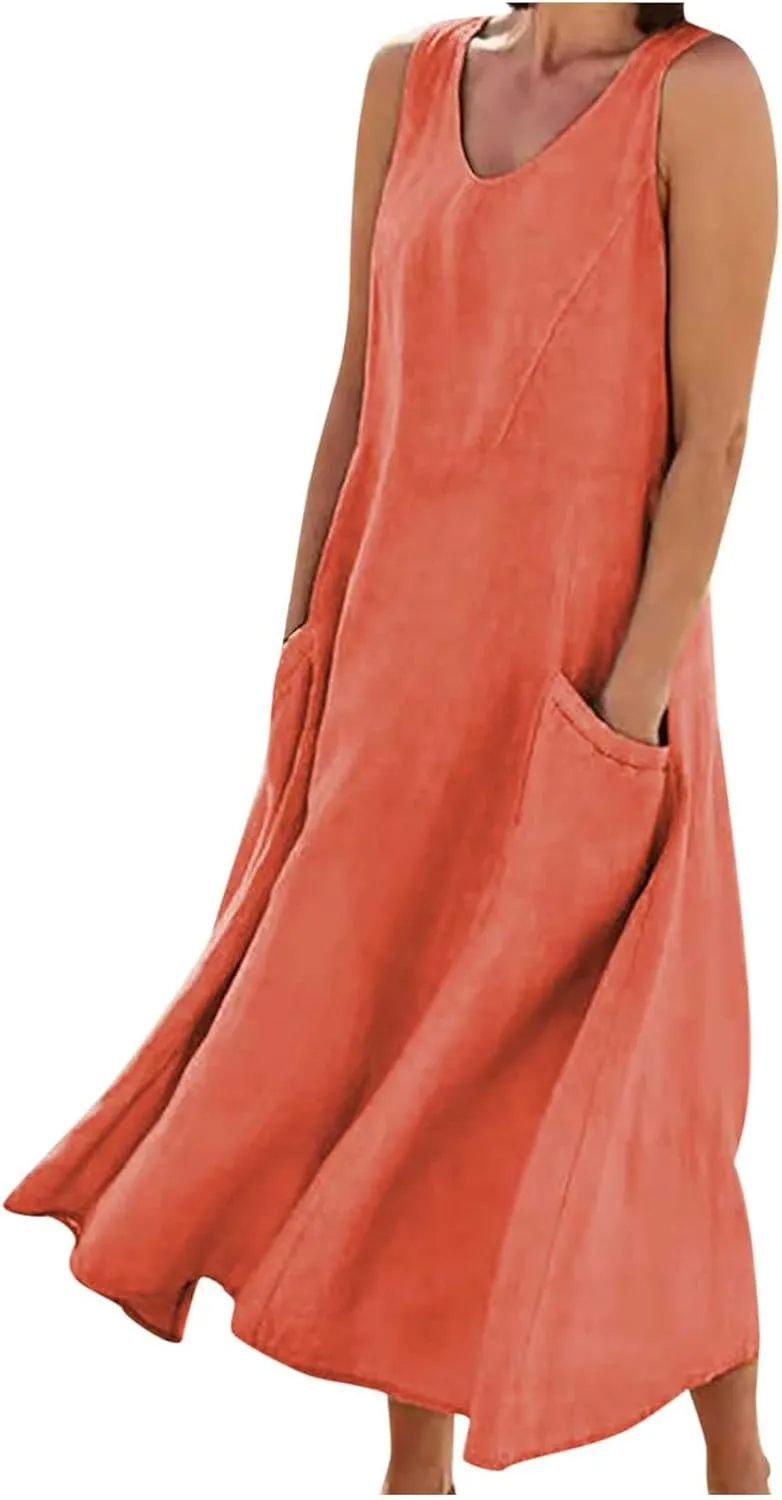 Women Linen Sundress 2025 Summer Maxi Dress with Pockets Sleeveless V Neck Sundresses Loose Lounge Dress Cruisewear