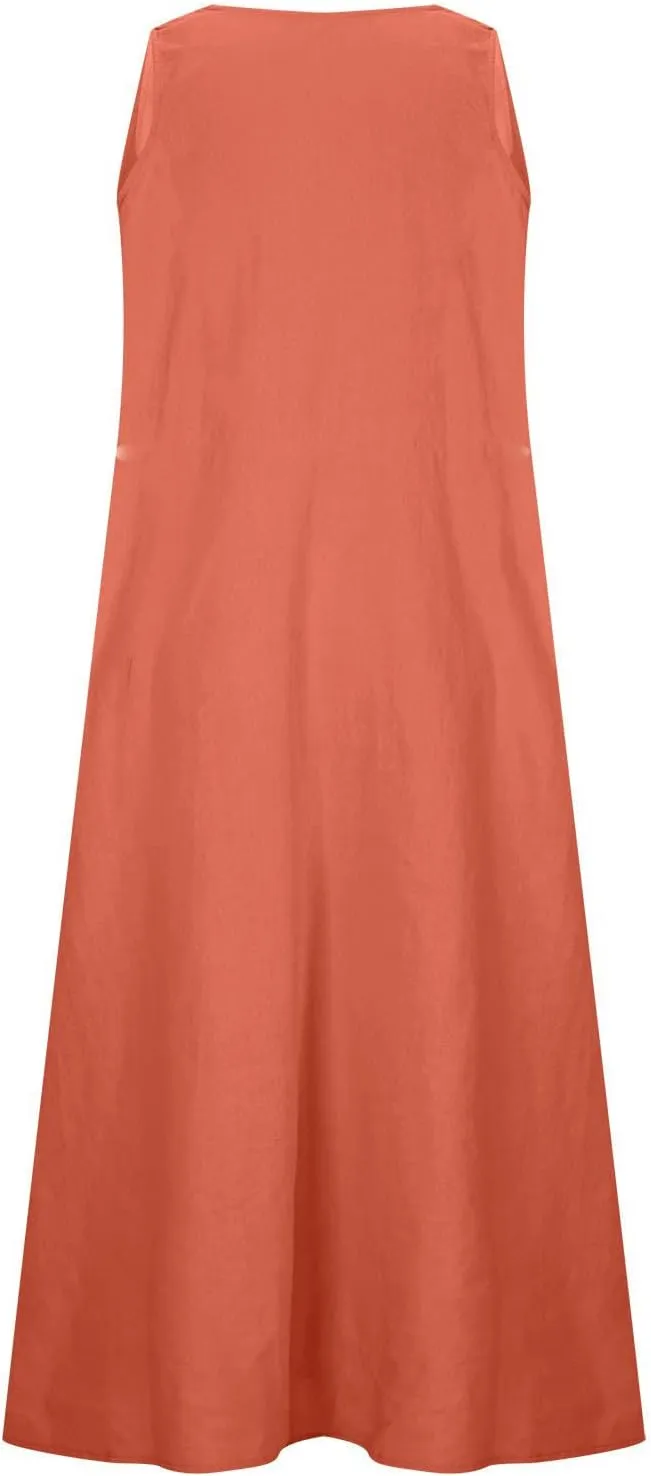 Women Linen Sundress 2025 Summer Maxi Dress with Pockets Sleeveless V Neck Sundresses Loose Lounge Dress Cruisewear