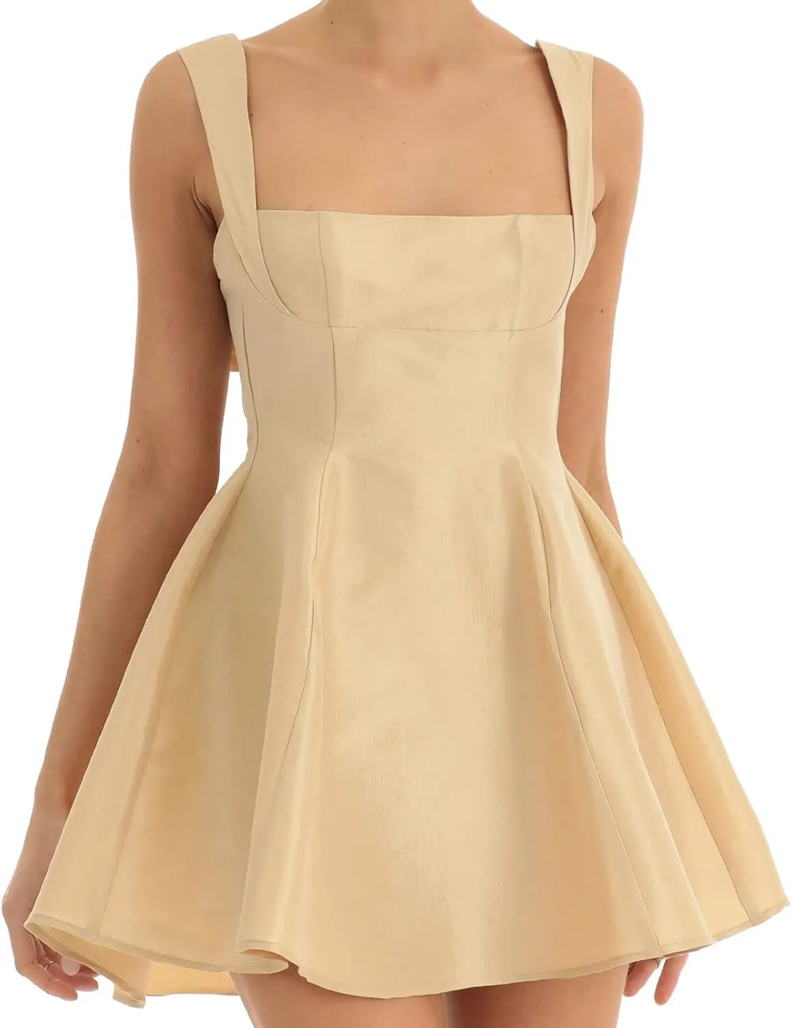 Women Sexy Backless Bow Knot Tie Back Satin Mini Dress Graduation Dress Ruffle Ruched Strap Flowy Short Dress