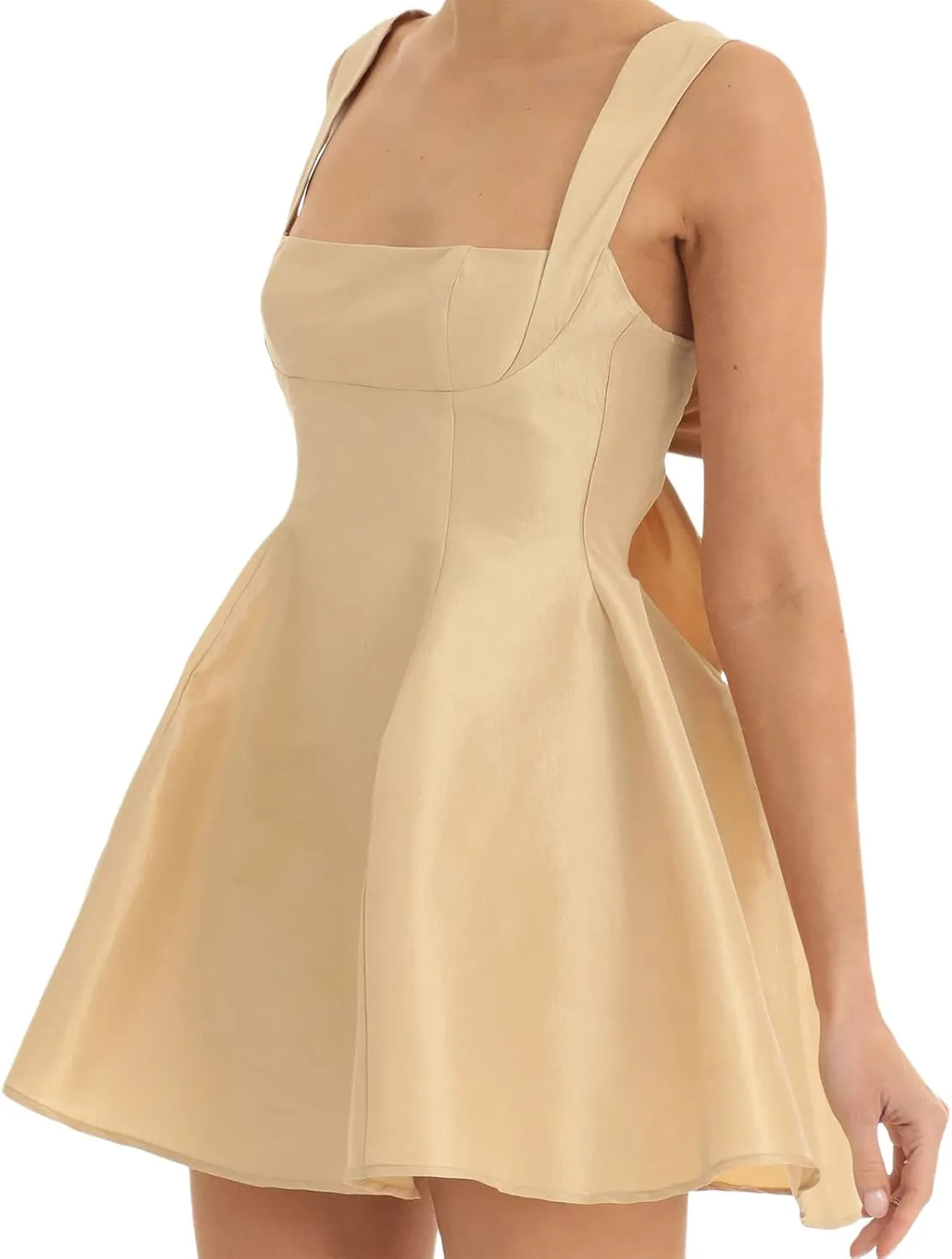 Women Sexy Backless Bow Knot Tie Back Satin Mini Dress Graduation Dress Ruffle Ruched Strap Flowy Short Dress