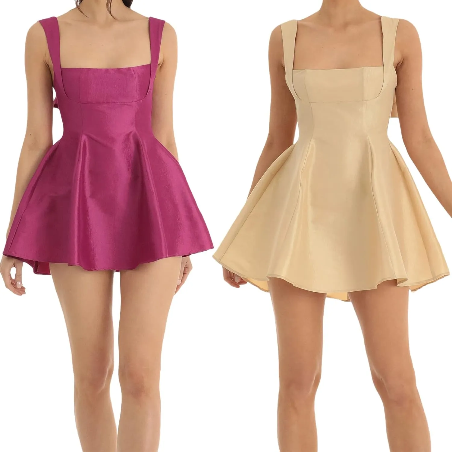 Women Sexy Backless Bow Knot Tie Back Satin Mini Dress Graduation Dress Ruffle Ruched Strap Flowy Short Dress
