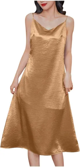 Women Spaghetti Strap Midi Satin Silk Slip Dress Sexy Cowl Neck Party Cocktail Dresses Sling Backless Mermaid Dress