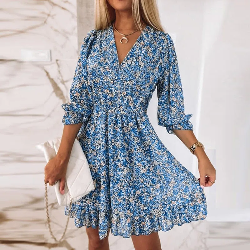 Women Summer Fashion Dress Nipped Waist Pullover Deep V Neck Dress - WD8085