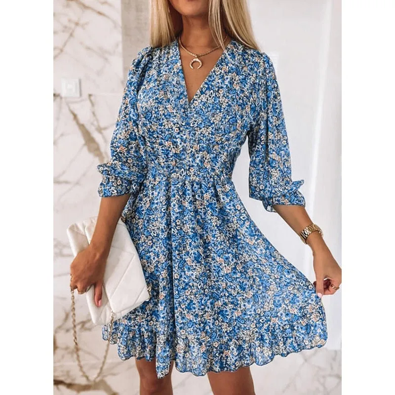 Women Summer Fashion Dress Nipped Waist Pullover Deep V Neck Dress - WD8085