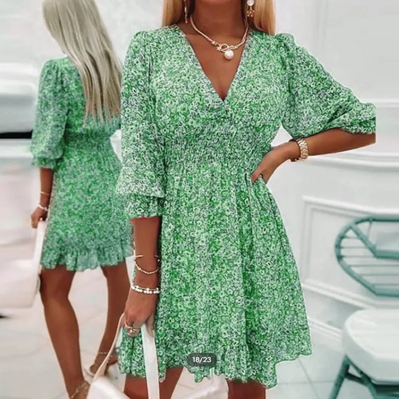 Women Summer Fashion Dress Nipped Waist Pullover Deep V Neck Dress - WD8085