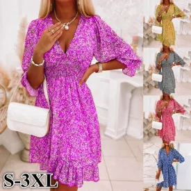 Women Summer Fashion Dress Nipped Waist Pullover Deep V Neck Dress - WD8085