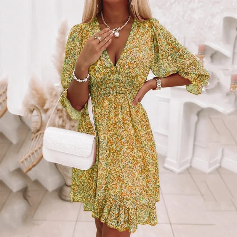 Women Summer Fashion Dress Nipped Waist Pullover Deep V Neck Dress - WD8085