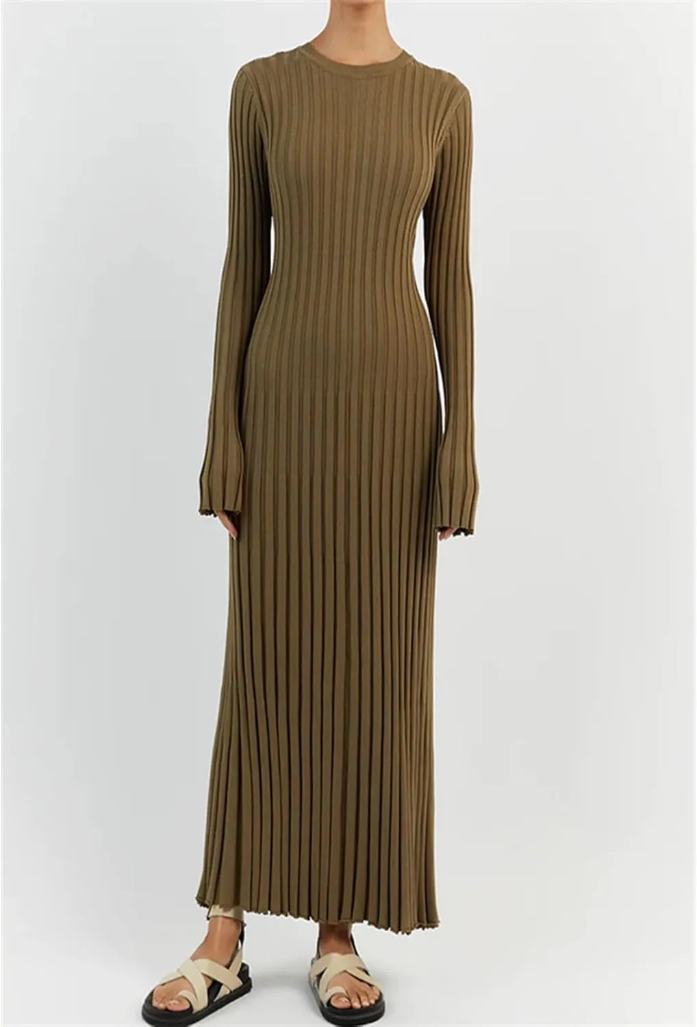 Women Sweater Dress Ribbed Long Sleeve Crewneck Knit Slim Fit Bodycon Dress Fall Maxi Long Dress