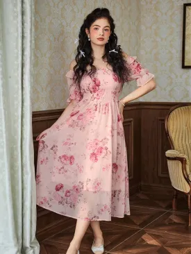 Women Victorian Chiffon Dress Pleated Midi Pocket Dress