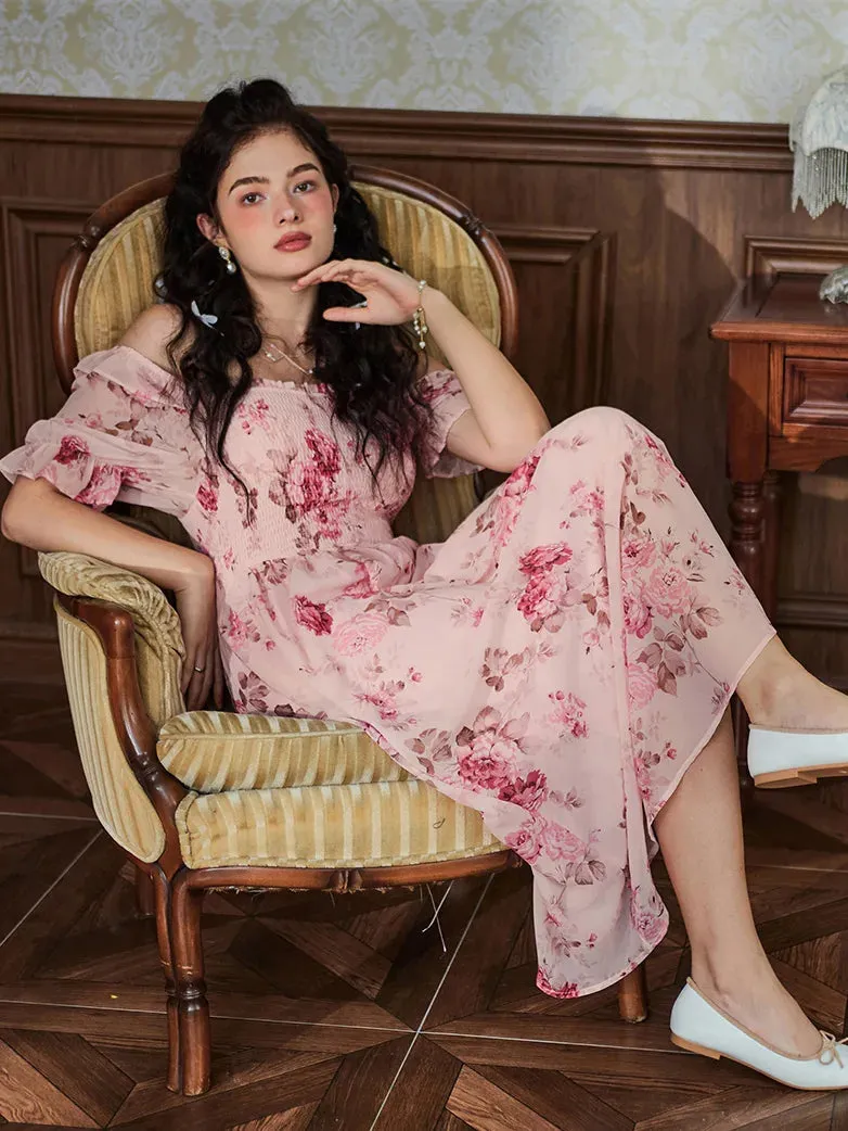 Women Victorian Chiffon Dress Pleated Midi Pocket Dress