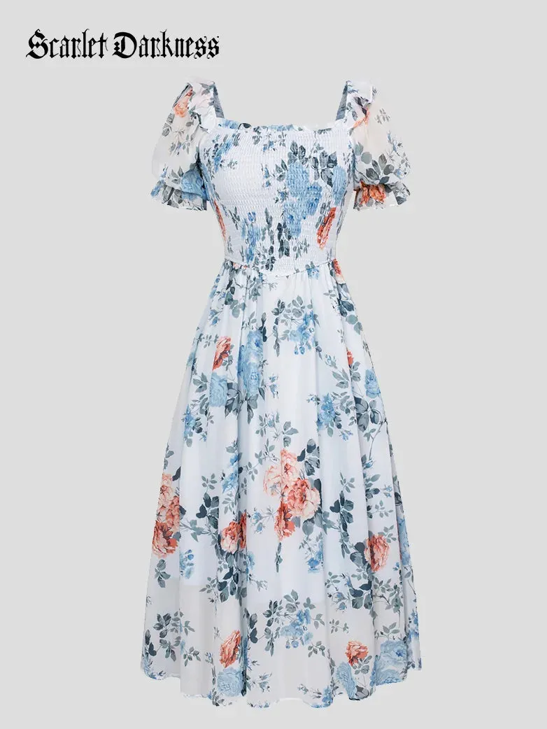Women Victorian Chiffon Dress Pleated Midi Pocket Dress
