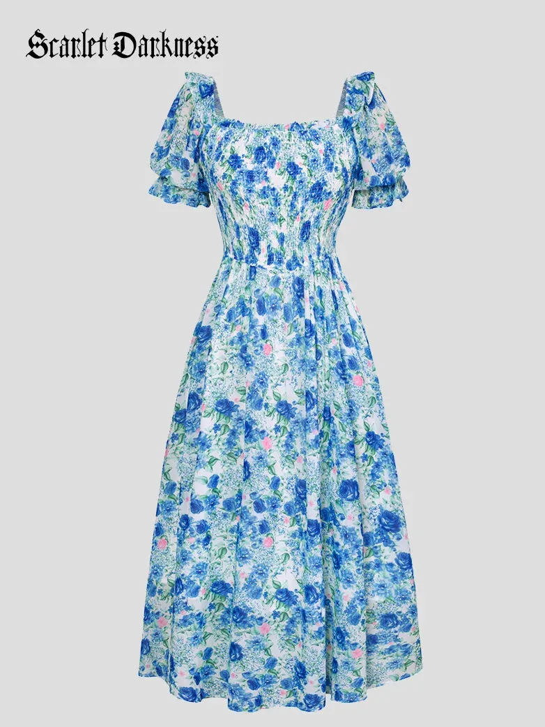 Women Victorian Chiffon Dress Pleated Midi Pocket Dress