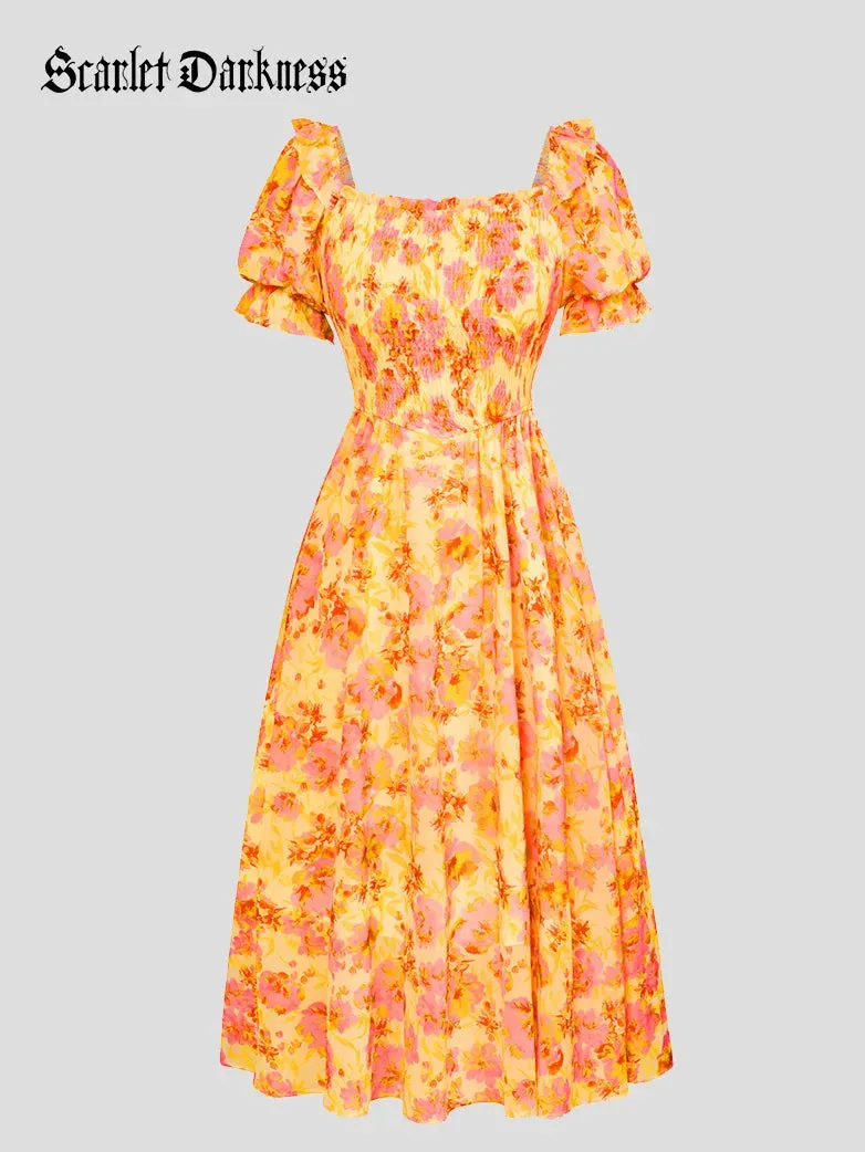 Women Victorian Chiffon Dress Pleated Midi Pocket Dress