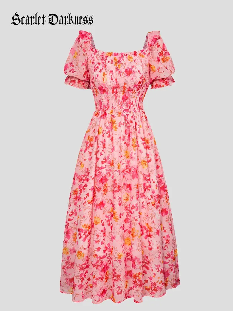 Women Victorian Chiffon Dress Pleated Midi Pocket Dress