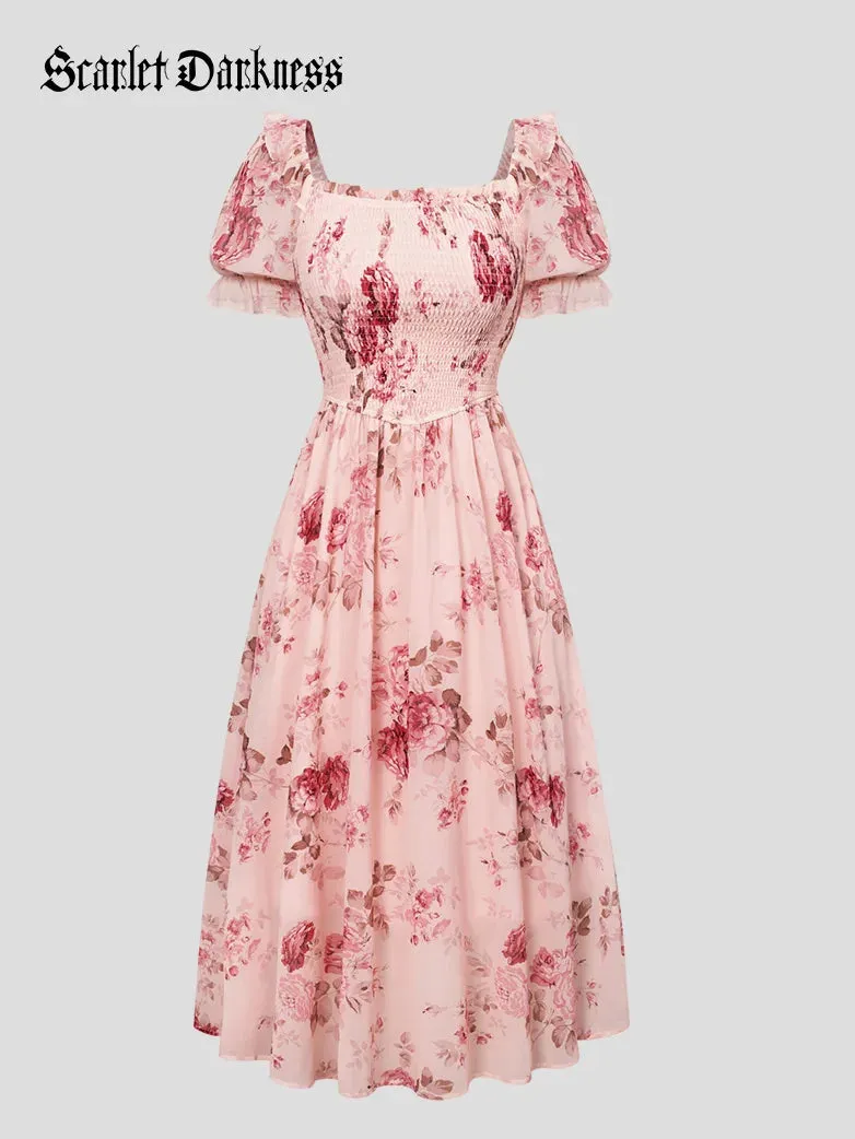 Women Victorian Chiffon Dress Pleated Midi Pocket Dress