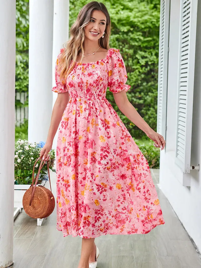 Women Victorian Chiffon Dress Pleated Midi Pocket Dress