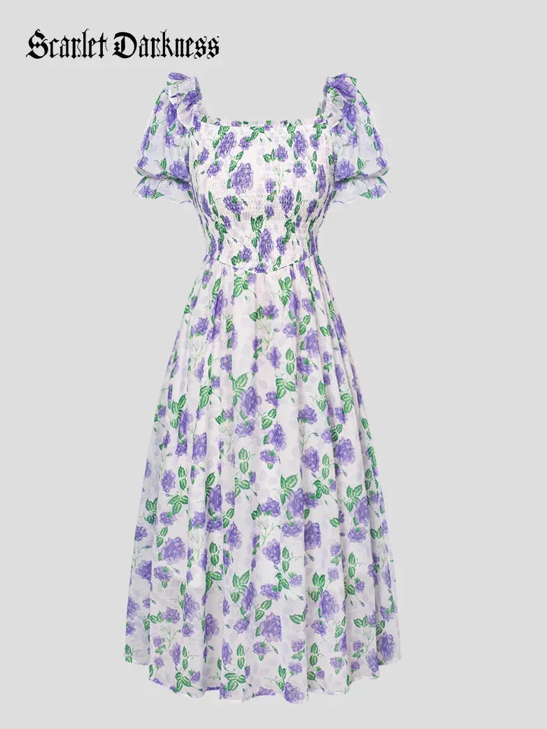 Women Victorian Chiffon Dress Pleated Midi Pocket Dress