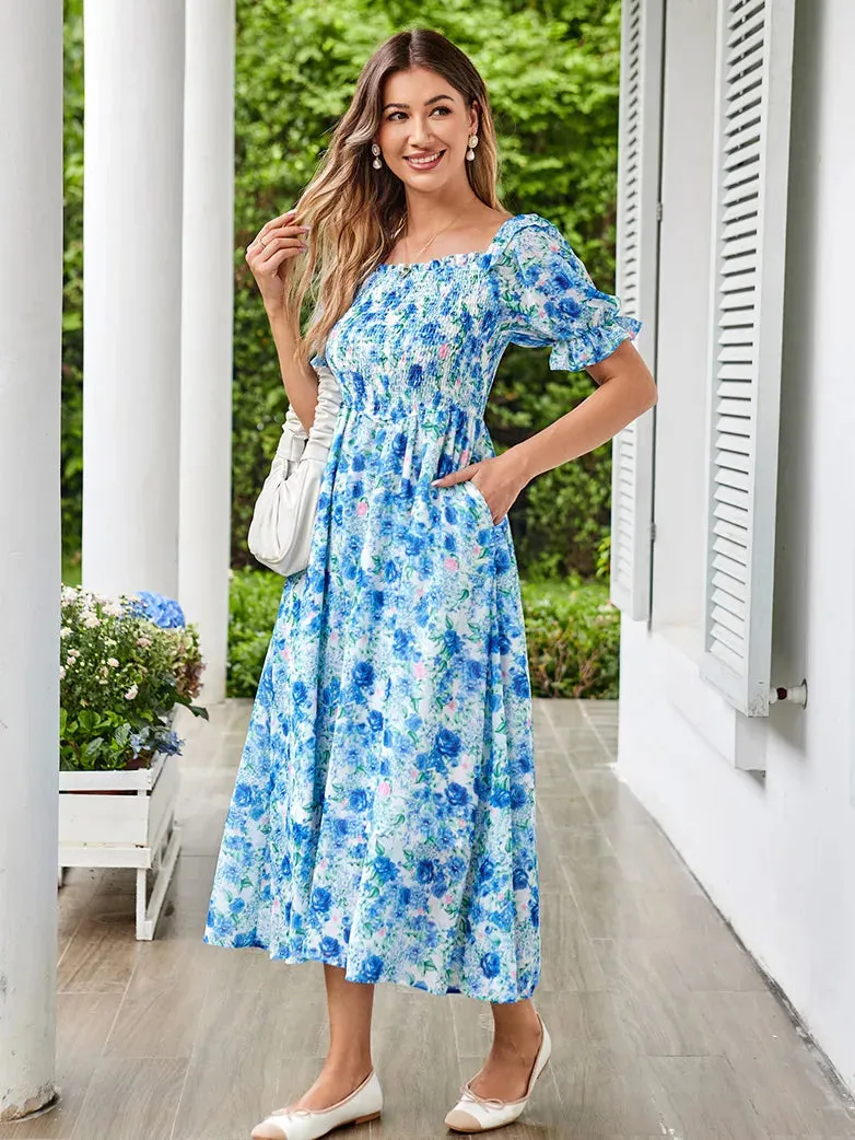 Women Victorian Chiffon Dress Pleated Midi Pocket Dress