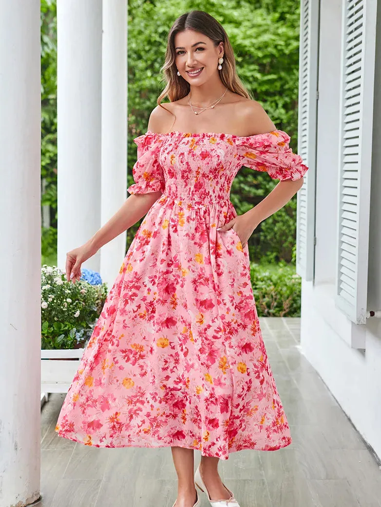 Women Victorian Chiffon Dress Pleated Midi Pocket Dress