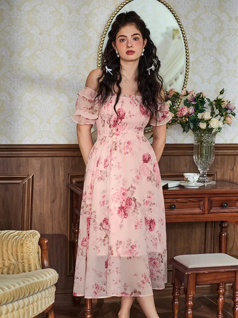 Women Victorian Chiffon Dress Pleated Midi Pocket Dress