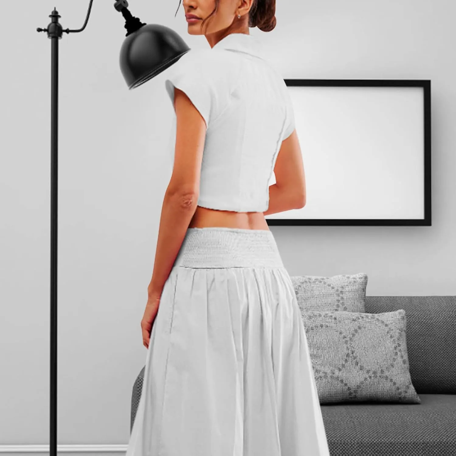 Women Y2k Bubble Maxi Skirt Summer Elastic Low Waist A Line Long Skirt Casual Fairy Ruffle Pleated Midi Dress